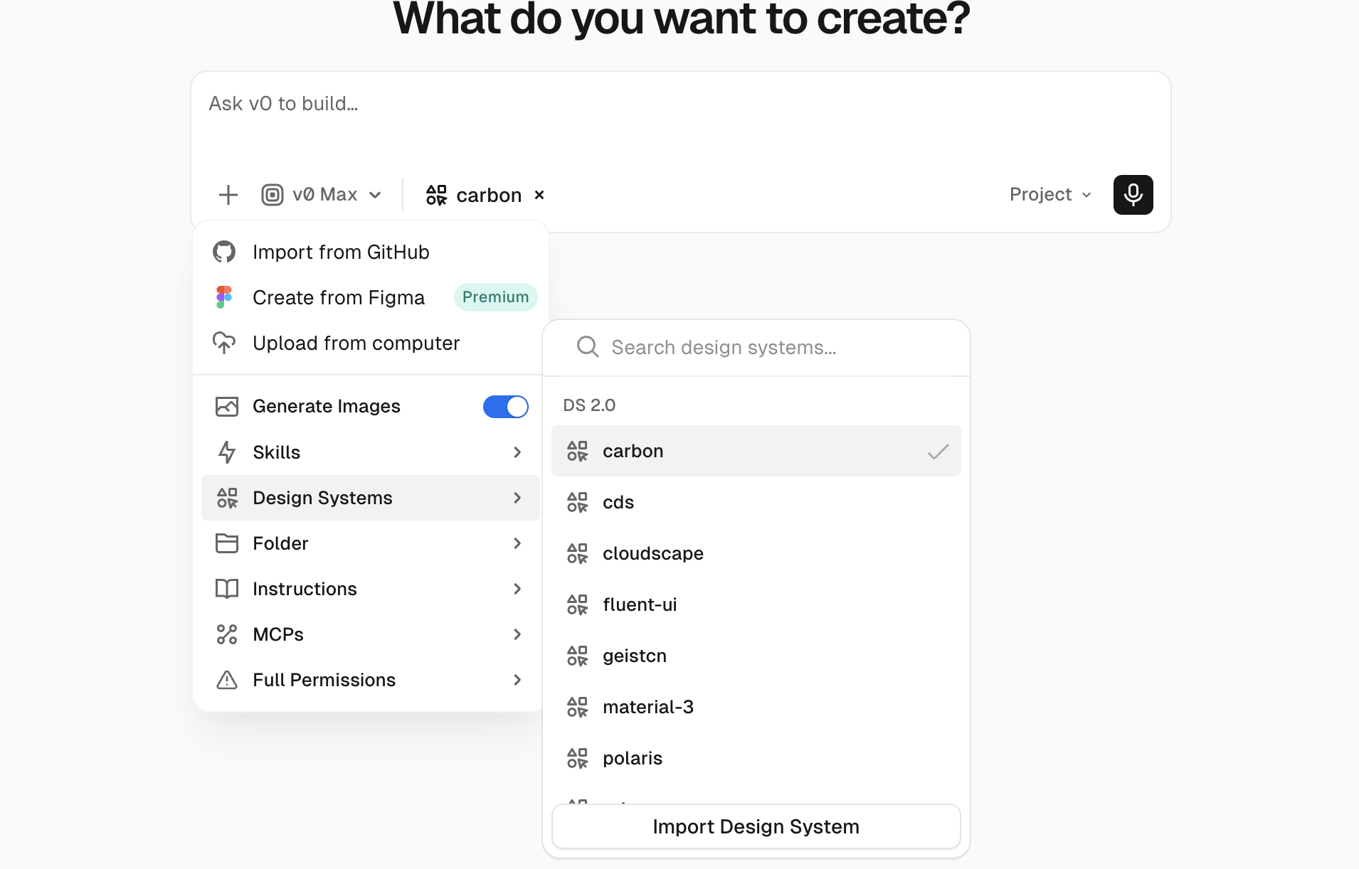 Prompt toolbar menu with a design system skill attached