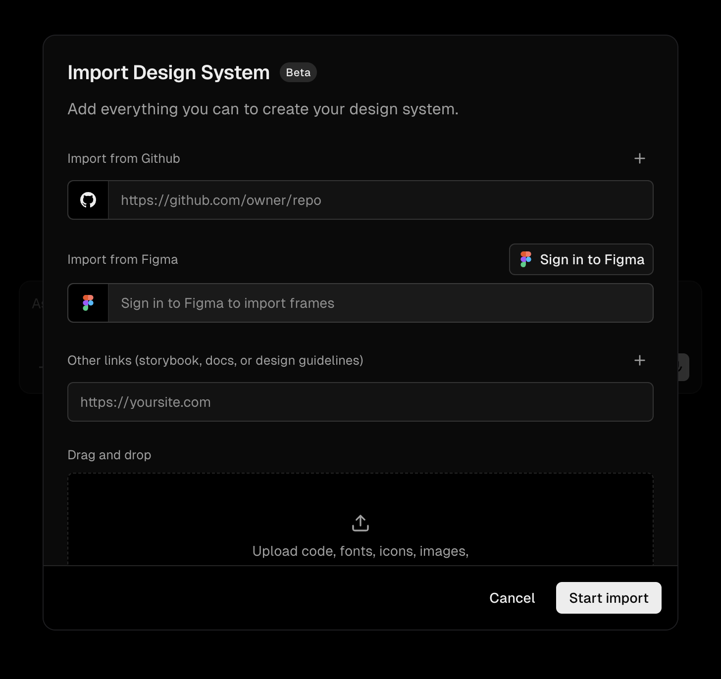 Import Design System form with GitHub, Figma, links, attachments, notes, and environment variables